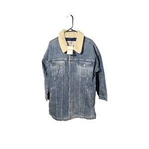 NWT Women's LNDN Sherpa Lined Long Denim Coat Jacket Deep Blue Wash M